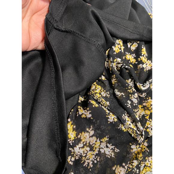 AFRM Tezza Black & Yellow Floral Ruched Mesh Midi Long Sleeves Dress Womens XS - Picture 8 of 11